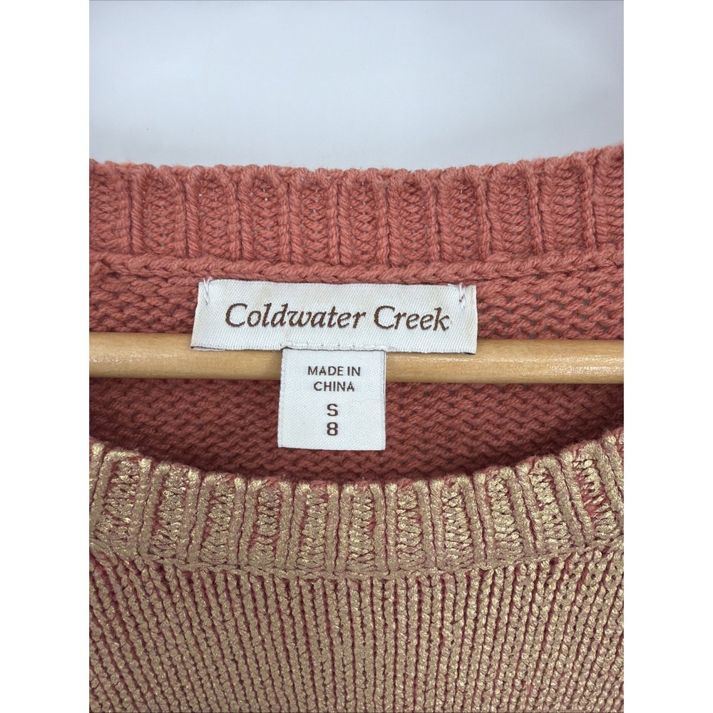 Coldwater Creek Open Knit Top Sz S Terra Cotta Metallic Gold 3/4 Sleeve Shimmer - Picture 4 of 7